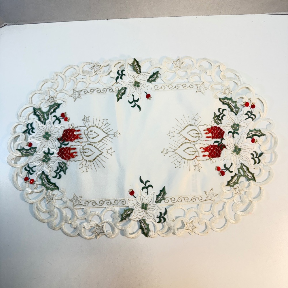 Christmas Table Runner Oval Center White Poinsettia Candle Embroidered 16in